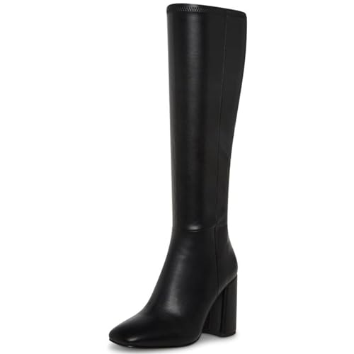 Women's Faux Leather Tall Boots Fashion Square Toe Chunky Heel Knee High Boots with Side Zip