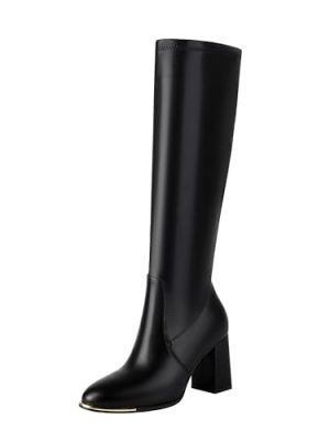 Women's Knee High Boots Pointed Toe Chunky Heel Long Boots With Side Zipper