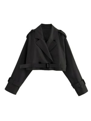 Womens Cropped Bike Jacket Casual Double Breasted Trench Coat with Belt