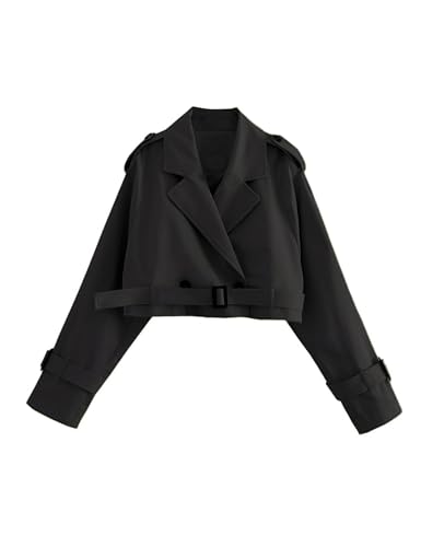 Womens Cropped Bike Jacket Casual Double Breasted Trench Coat with Belt