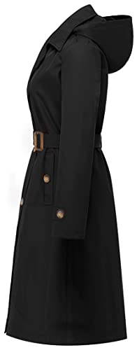 Women's Double Breasted Long Trench Coats Mid-Length Belted Overcoat Dress Jacket with Detachable Hood