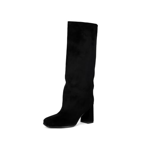 Women's Knee High Suede Square Toe Boots-Chunky Block Heeled Boots