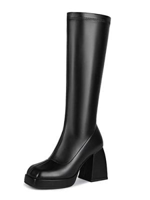 Knee High Boots Women Platform Chunky Block Heel Stretchy Square Toe Tall Patent Leather Long Boots