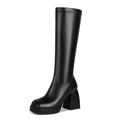 Knee High Boots Women Platform Chunky Block Heel Stretchy Square Toe Tall Patent Leather Long Boots