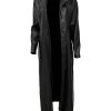 Womens Long Leather Jacket Long Sleeve Single Breasted Faux Leather Trench Coat Mid Length Motorcycle Coats