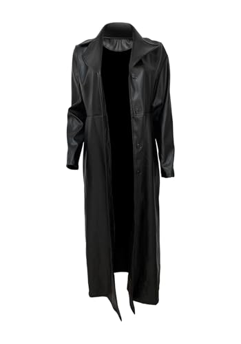 Womens Long Leather Jacket Long Sleeve Single Breasted Faux Leather Trench Coat Mid Length Motorcycle Coats