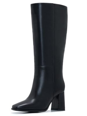 Wide Calf Knee High Boots for Women – Tall Fashion Boots with Side Zipper, Square Toe, Chunky Heel, Faux Leather Long Boots