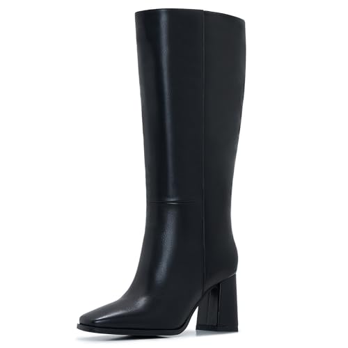 Wide Calf Knee High Boots for Women – Tall Fashion Boots with Side Zipper, Square Toe, Chunky Heel, Faux Leather Long Boots