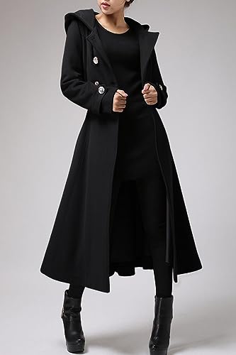 Womens Long Double-Breasted Hooded Coat Winter Warm Wool Trench Coat with Belts