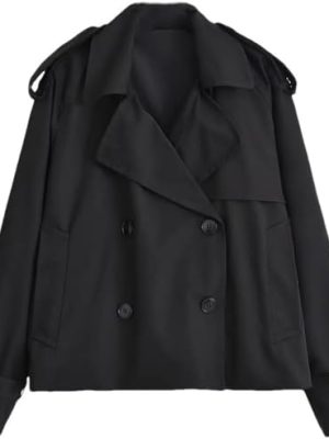 Women's Double Breasted Short Trench Coat Casual Lapel Long Sleeve Jacket Four Seasons Outerwear
