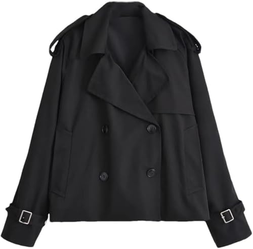 Women's Double Breasted Short Trench Coat Casual Lapel Long Sleeve Jacket Four Seasons Outerwear