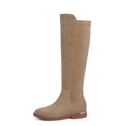 Knee High Boots Women Flat Rounded Toe Stretchy Boots Side Zipper Dress Tall Boot