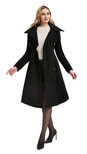 Long Trench Pea Coat for Women - Wool Winter Trench Coat Goth Lapel Peacoat Outwear Thick Hood Pea Jacket Trenchcoat