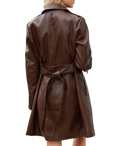 Women's Mid Length Faux PU Leather Trench Coat Long Sleeve Zip Up Lapel Long Jacket Overcoat with Belt