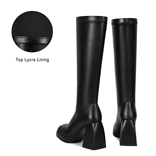 Knee High Boots Women Platform Chunky Block Heel Stretchy Square Toe Tall Patent Leather Long Boots