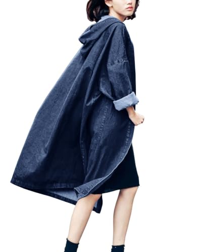 Women's Casual Hooded Denim Jacket Open Front Loose Fit Boyfriend Jean Long Trench Coat with Hood