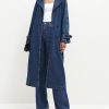 Women's Denim Trench Coat Double Breasted Jean Midi Overcoat Classic Lapel Long Jackets With Belt