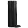 Fold Over Knee High Boots for Women Pointy Pull-on Wedge Heel Knee Shark Boot With Side Zipper Covered Wedge Heel Padlock Boot