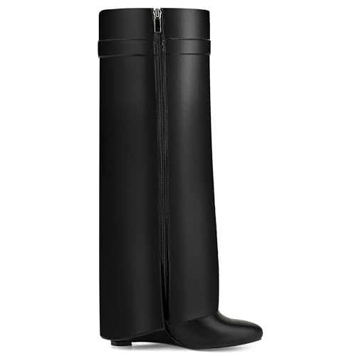 Fold Over Knee High Boots for Women Pointy Pull-on Wedge Heel Knee Shark Boot With Side Zipper Covered Wedge Heel Padlock Boot