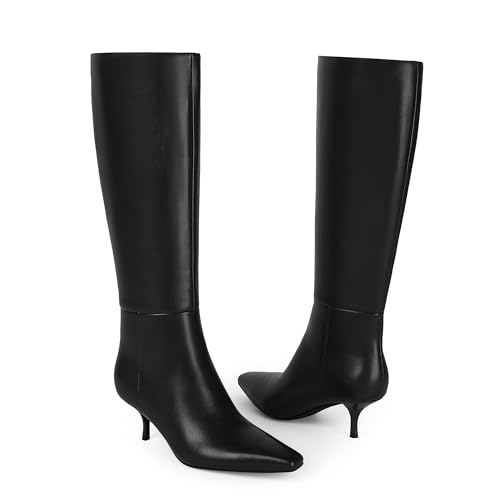 Knee High Boots Women Faux Leather Boots Low Heel Square Toe Side Zipper Fall Long Tall Boots for Women