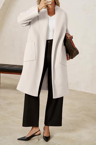 Womens Open Front Pea Coats Classic Lapel Long Trench Coats Loose Fall Winter Outwear with Pockets