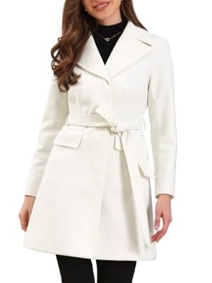 Winter Coats for Women's Lapel Collared Single Breasted with Belt Overcoat Trench Outerwear