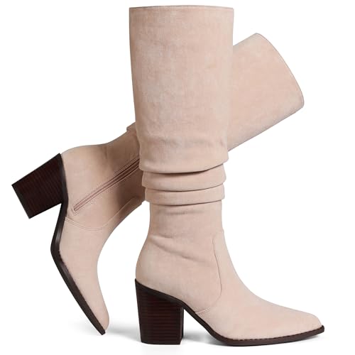 Knee High Boots Women Suede Boots Pointy Toe Chunky Block Heels Side Zipper Wide Calf Boots Fashion Dress Tall Boots Fall Winter