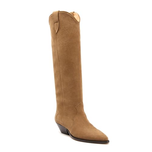 Suede Knee High Boots for Women Pointed Toe Cowboy Boots Chunky Low Heels Tall Long Boots Dressy Pull on Wide Calf Fashion
