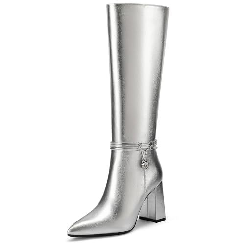 Knee High Boots for Women Chunky Block Heel Tall Boots Pointed Toe Side Zipper Fashion Dress Long Boots