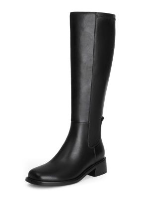 Knee High Boots Women Faux Leather Elastic Boots Low Heel Square Toe Side Zipper Fall Long Tall Boots for Women