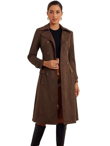 Faux Suede Trench Coat for Women's Notched Lapel Double Breasted Belted Long Sleeve Coats