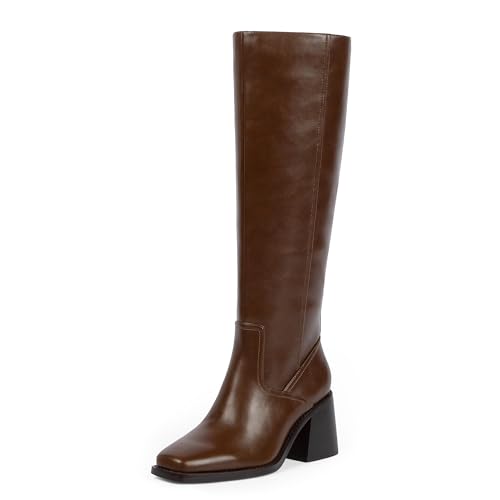Women's Knee High Boots with Zipper Square Toe Chunky Heeled Tall Boots