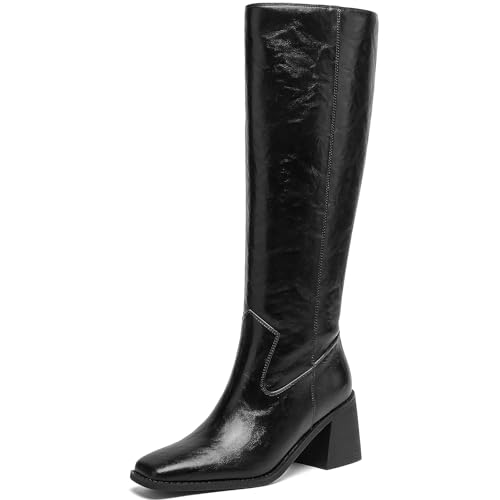 Women's Knee High Boots with Block Heels – Tall Fashion Boots with Side Zipper, Square Toe Long Boots for Fall Winter