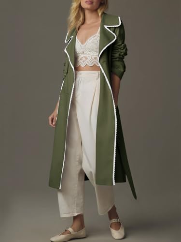 Womens Long Trench Coat Casual Double Breasted Windproof Jacket Classic Lapel Overcoat with Belt