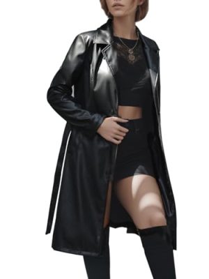 Women Trench Coat Long Jacket PU Leather Classic Lapel Coat with Belt
