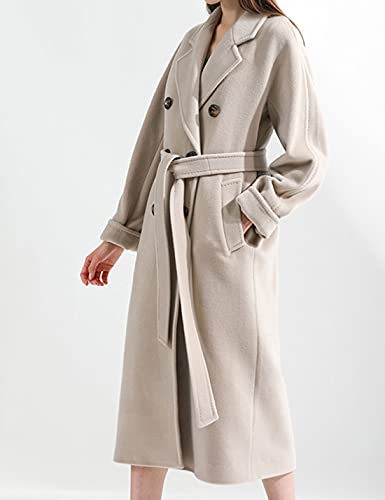 Women Wool Blend Pea Coat Camel Notched Collar Double Breasted Outerwear Jacket