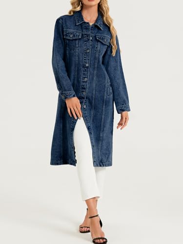 Women Denim Jacket Button Down Maxi Long Jean Trench Coat With Pocket