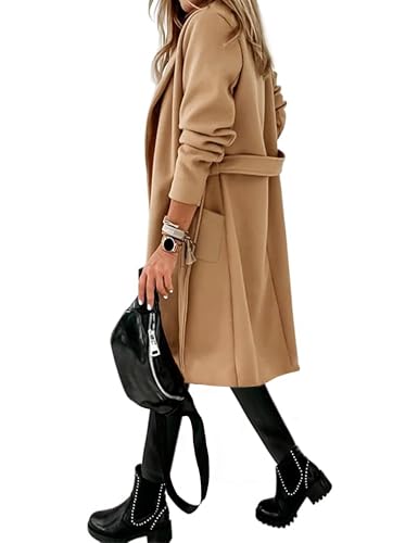 Women's Double Breasted Wool Blend Coat Winter Notched Lapel Belted Peacoat Mid Long Jacket