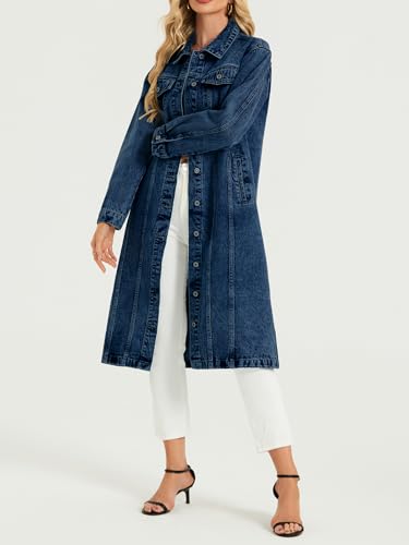 Women Denim Jacket Button Down Maxi Long Jean Trench Coat With Pocket