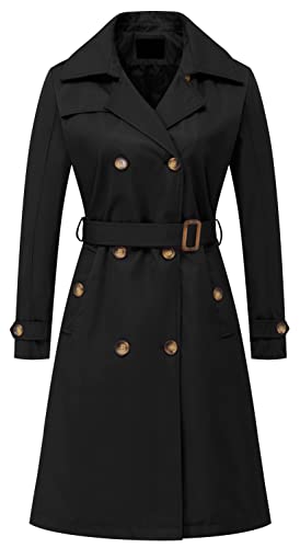 Women's Double Breasted Long Trench Coats Mid-Length Belted Overcoat Dress Jacket with Detachable Hood