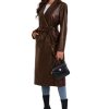 Women's Faux Leather Trench Coat Notched Lapel PU Leather Long Coat Open Front Motorcycle Belted Maxi Jacket