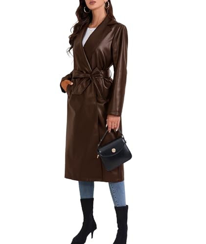 Women's Faux Leather Trench Coat Notched Lapel PU Leather Long Coat Open Front Motorcycle Belted Maxi Jacket