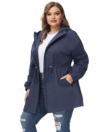 Women's Plus Size Long Hooded Raincoat Lightweight Waterproof Windbreaker Jacket