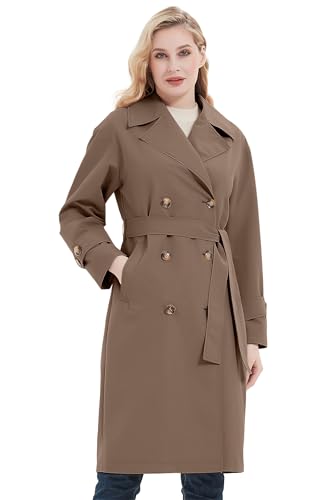 Women Trench Coats Loose Fit, Double Breasted Spring Fall Water Resistant Thin Long Jacket Belted Overcoat