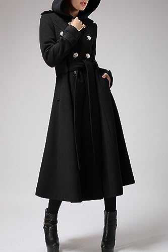 Womens Long Double-Breasted Hooded Coat Winter Warm Wool Trench Coat with Belts
