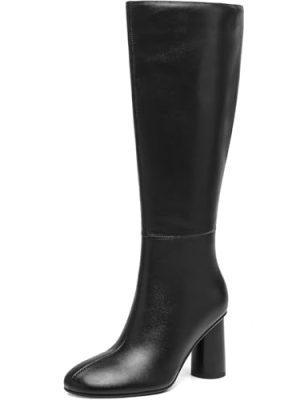 Knee High Boots for Women Chunky High Heel Round Toe Tall Long Boots with Side Zipper