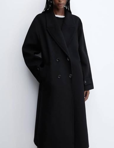 Women's Notched Collar Wool Blend Pea Coat Winter Double Breasted Trench Coat Long Oversized Button Down Overcoats