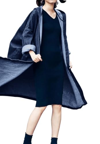Women's Casual Hooded Denim Jacket Open Front Loose Fit Boyfriend Jean Long Trench Coat with Hood
