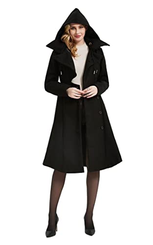 Long Trench Pea Coat for Women - Wool Winter Trench Coat Goth Lapel Peacoat Outwear Thick Hood Pea Jacket Trenchcoat