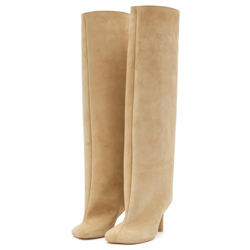 Women's Suede Knee High Boots Square Toe Stiletto Heels Wide Calf Tall Boots